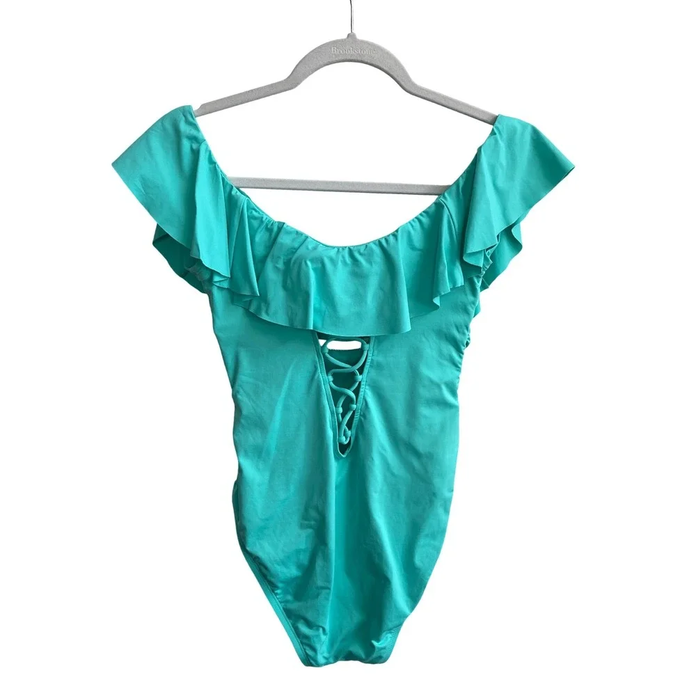 La Blanca One Piece Swimsuit Women 6 Teal‎ Ruffle Off Shoulder Ruched Lace Back